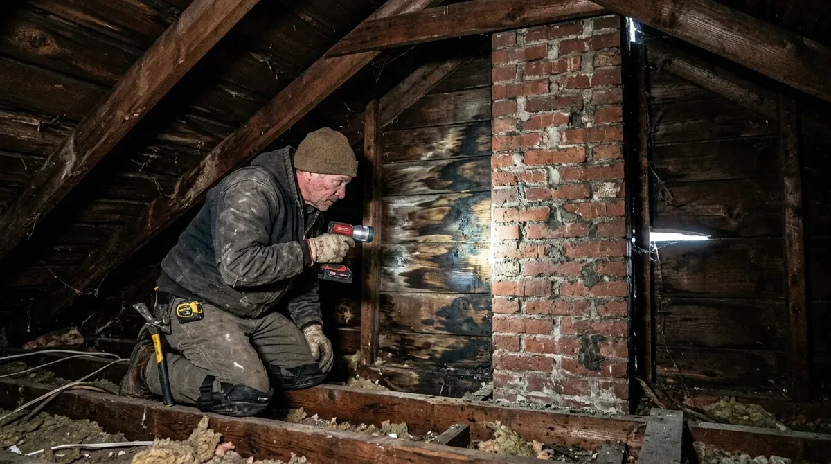 Roofing in Brooklyn, Waterbury — a roofer kneeling in an old attic beside a brick chimney, lighting water-stained board sheathing