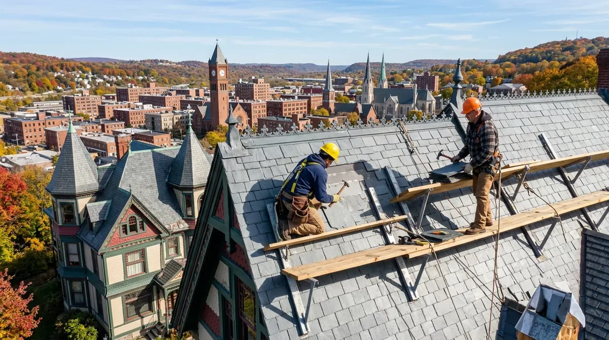 Roofing in the South End, Waterbury — two roofers on roof brackets on the steep slate roof of a Queen Anne Victorian, a brick clock tower and church steeples in the valley below