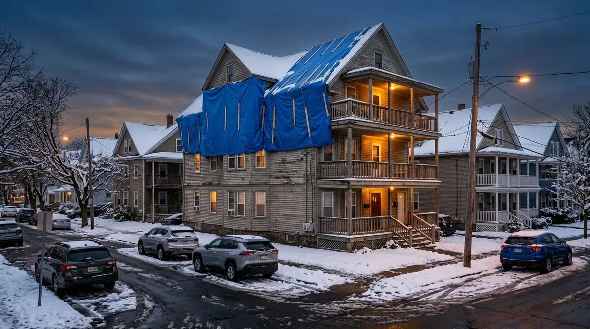 Roofing in Hillside, Waterbury — a blue tarp battened over the roof of a three-story house with stacked porches at dusk in winter, snow on the street