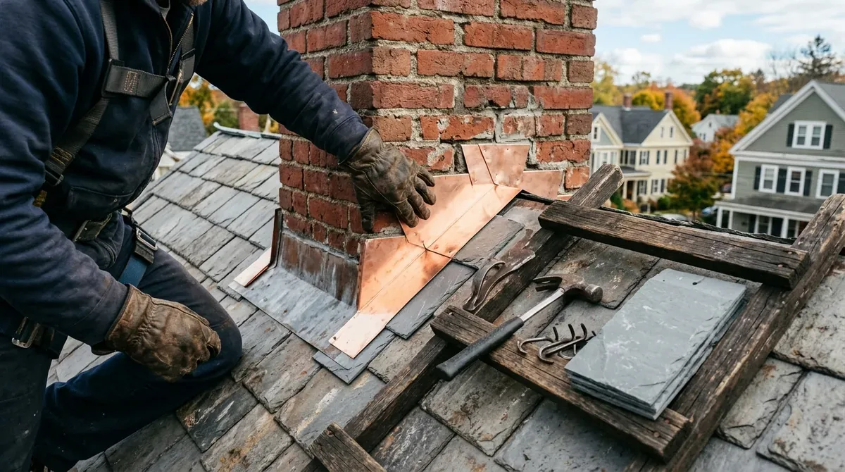Roof Replacement in Waterbury — a roofer fitting new copper step flashing where a red brick chimney meets a weathered gray slate roof, replacement slates and slate hooks beside him