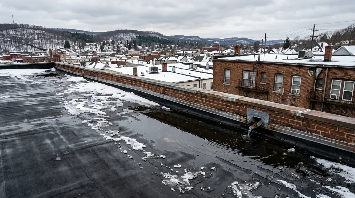 Roofing in Bunker Hill, Waterbury — meltwater pooling on a black low-slope roof beside a scupper in the parapet of a brick apartment block, snowy rooftops and hills beyond