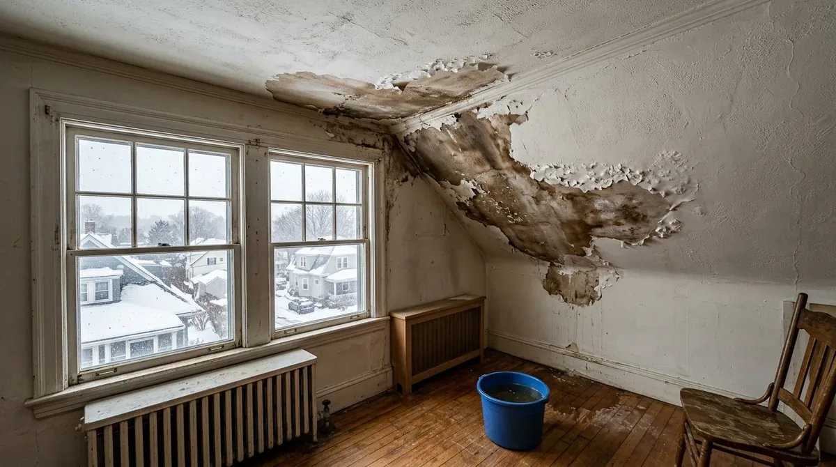 Flat Roofing in Waterbury, CT — a brown water stain and peeling paint spreading across a top-floor plaster ceiling, a bucket on the floor below