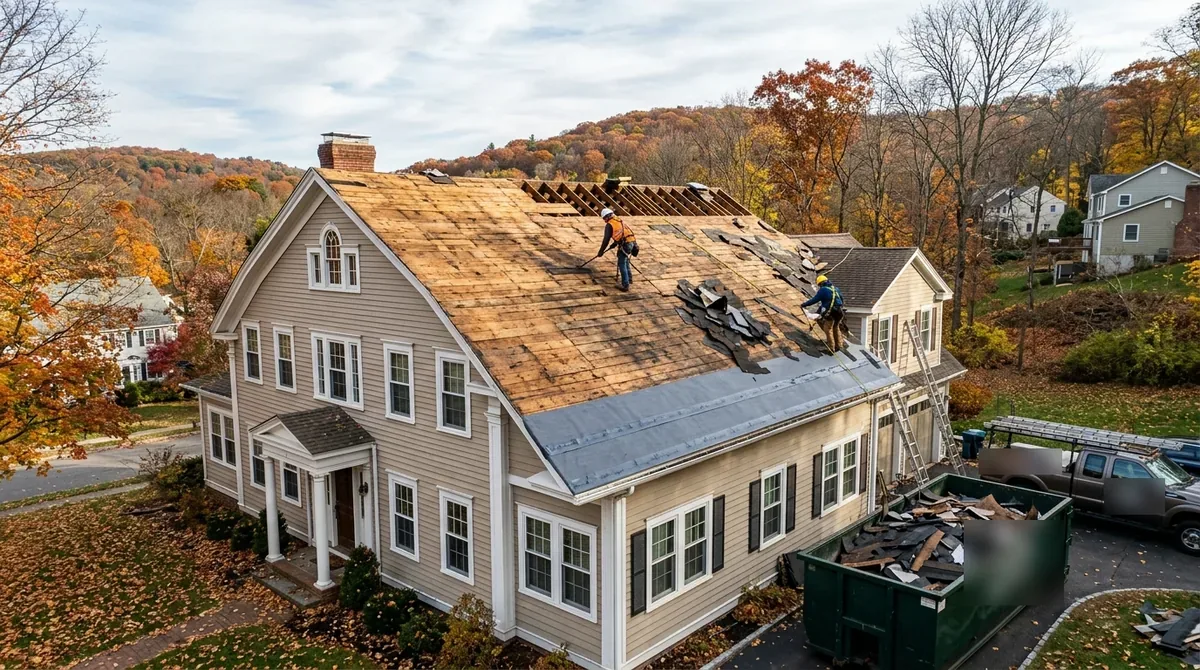 Roof Replacement in Waterbury — a two-and-a-half-story colonial mid tear-off, old shingles stripped to board sheathing, new ice-and-water membrane along the eaves and a dumpster in the drive
